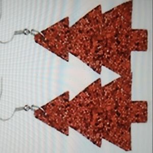 1.5 x 3 inches fake leather Christmas earrings Red Glitter Trees Hypoallergenic